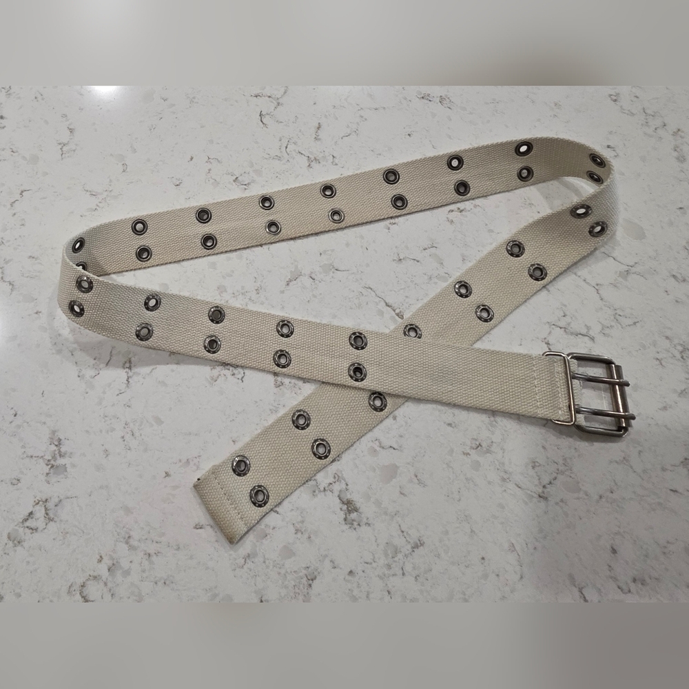 Cream Canvas Belt with Silver Buckle And Double Notch Rivets